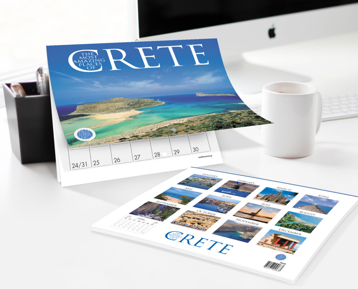 Crete-themed desk calendar on office table.