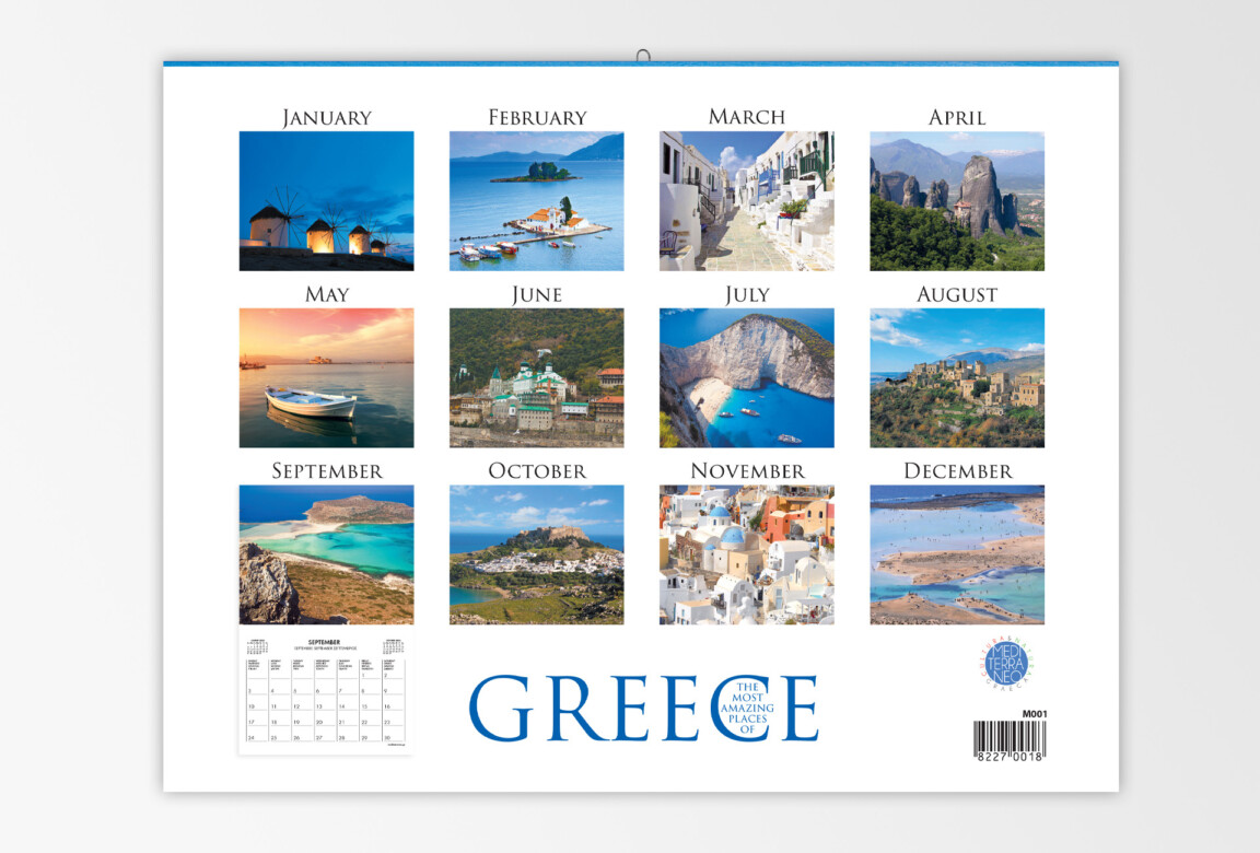 Greece scenic calendar showcasing various tourist destinations.