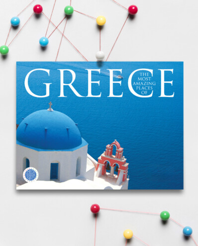 Blue-domed church, Santorini Greece travel poster.