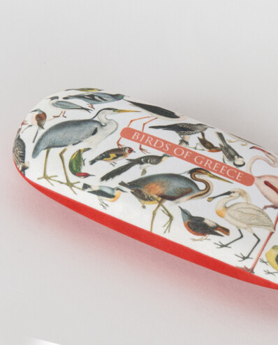 Illustrated eyeglass case with various birds of Greece.