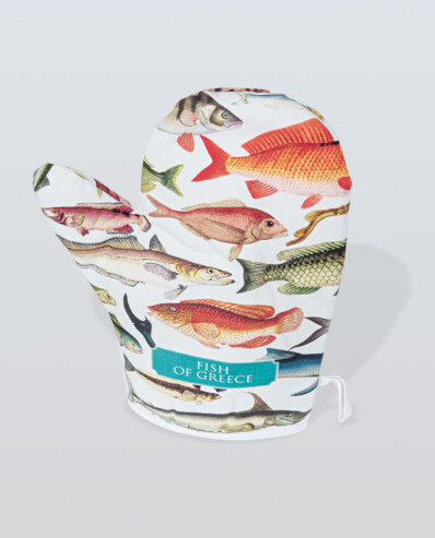 Oven mitt with colorful fish print design.
