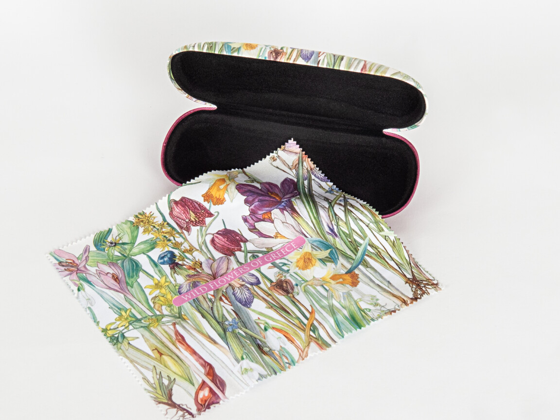 Floral glasses case and cleaning cloth with botanical design.