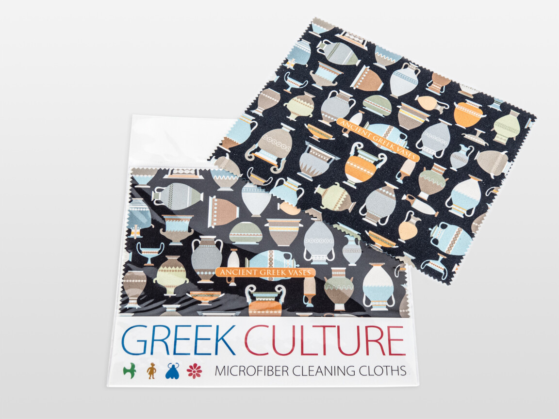 Greek-themed microfiber cleaning cloths on white background.