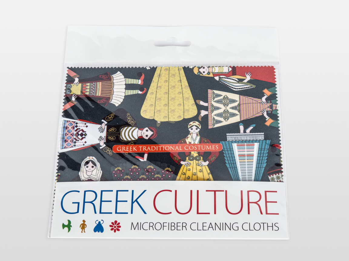 Greek culture themed microfiber cleaning cloths packaging.