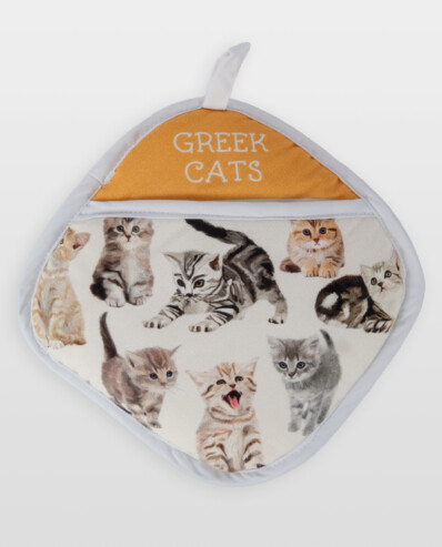 Potholder with illustrated Greek cats design.