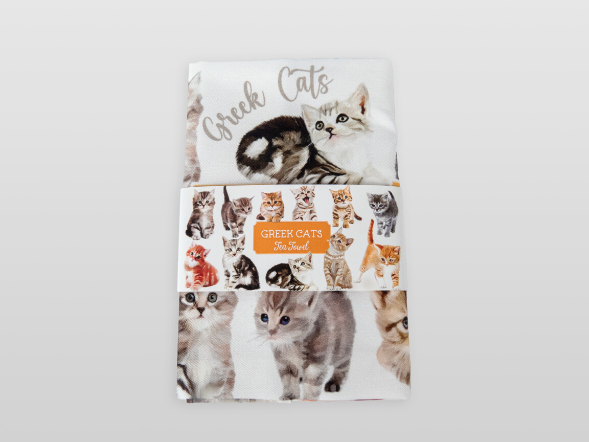 greek cats tea towel