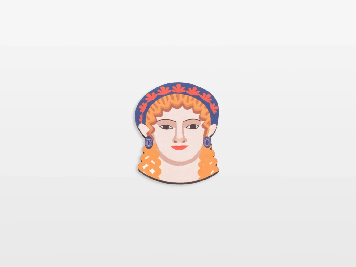 Illustrated vintage female portrait pin, white background.