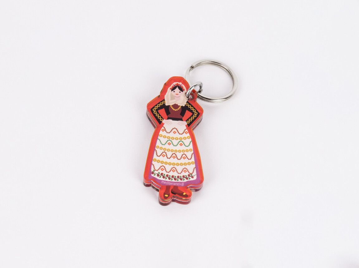 Traditional folk costume keychain on white background.