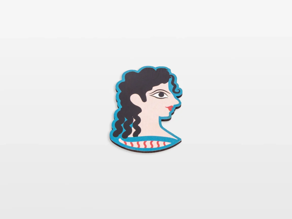 Profile of illustrated woman cutout on white background.