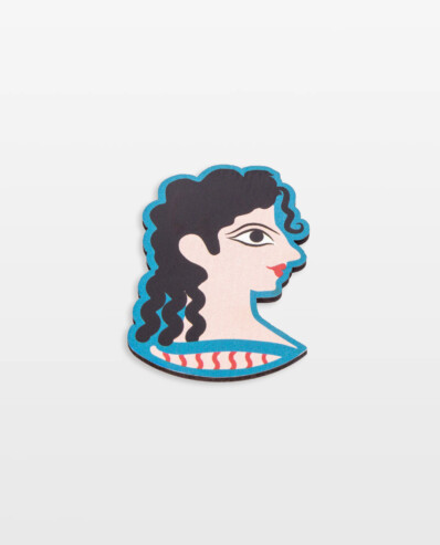 Illustrated profile of a stylized woman's head.