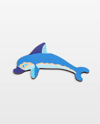 Colorful dolphin puzzle piece on white background.