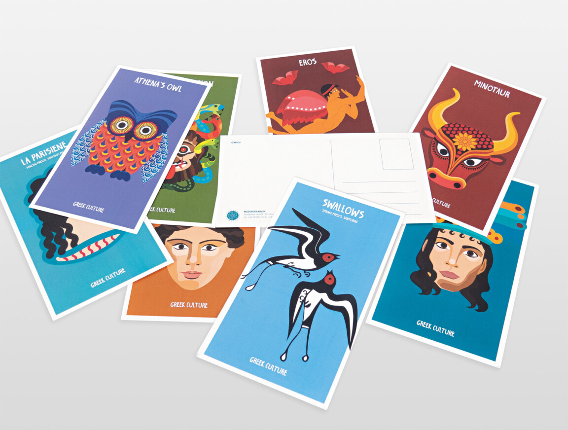 Assorted Greek culture themed postcards with illustrations.