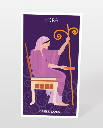 Illustrated poster of Greek goddess Hera with scepter.