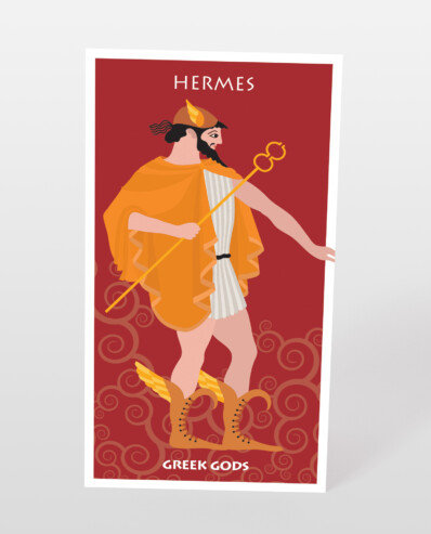 Illustration of Hermes, Greek god, with caduceus and winged sandals.