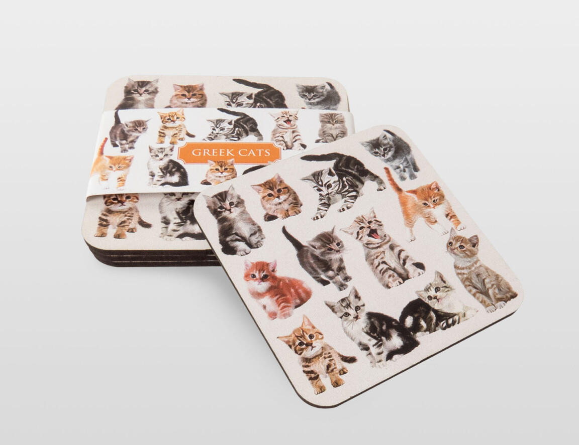 Coasters with various printed images of Greek cats.