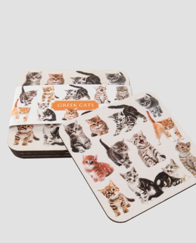 Coasters with various Greek cat illustrations.