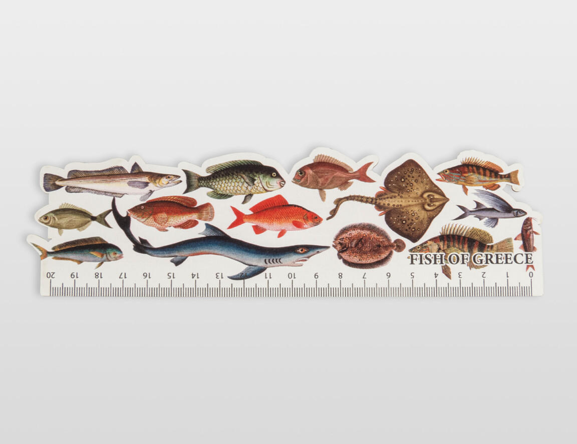 Illustrated Greek fish species on ruler-shaped bookmark.