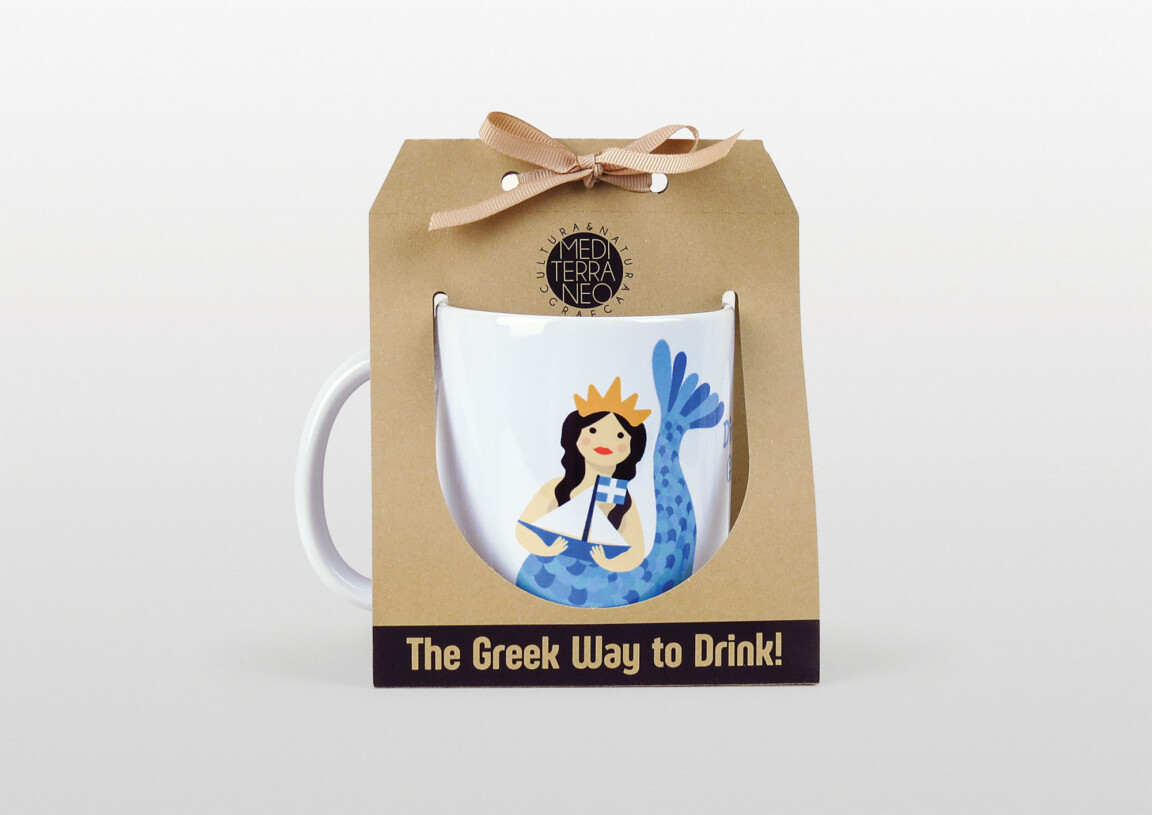 Greek-themed mermaid mug in decorative packaging