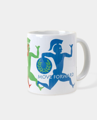 Inspirational "Move Forward" coffee mug with runner silhouette.