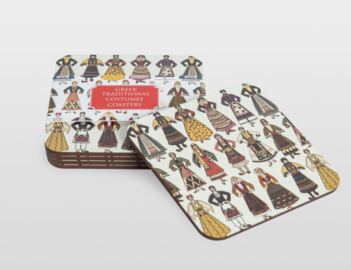 Greek traditional costumes illustrated drink coasters.