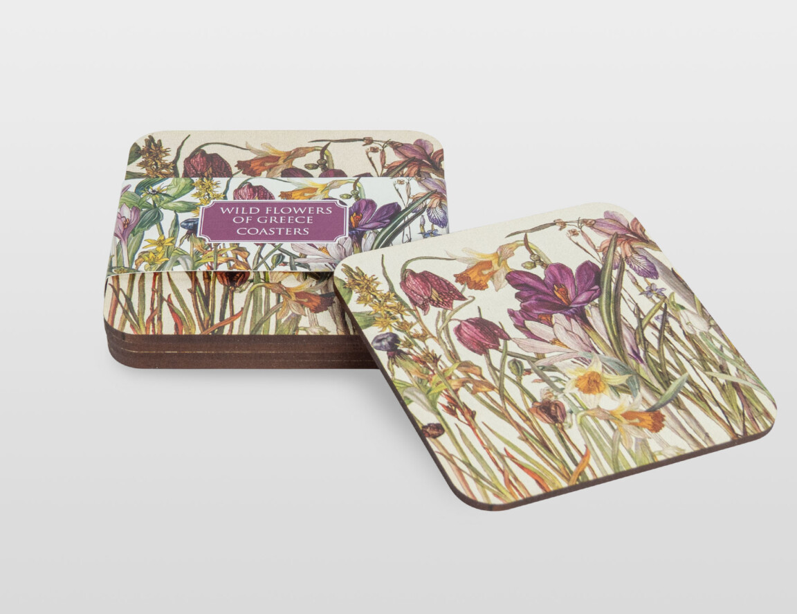 Floral "Wild Flowers of Greece" coasters on white background.