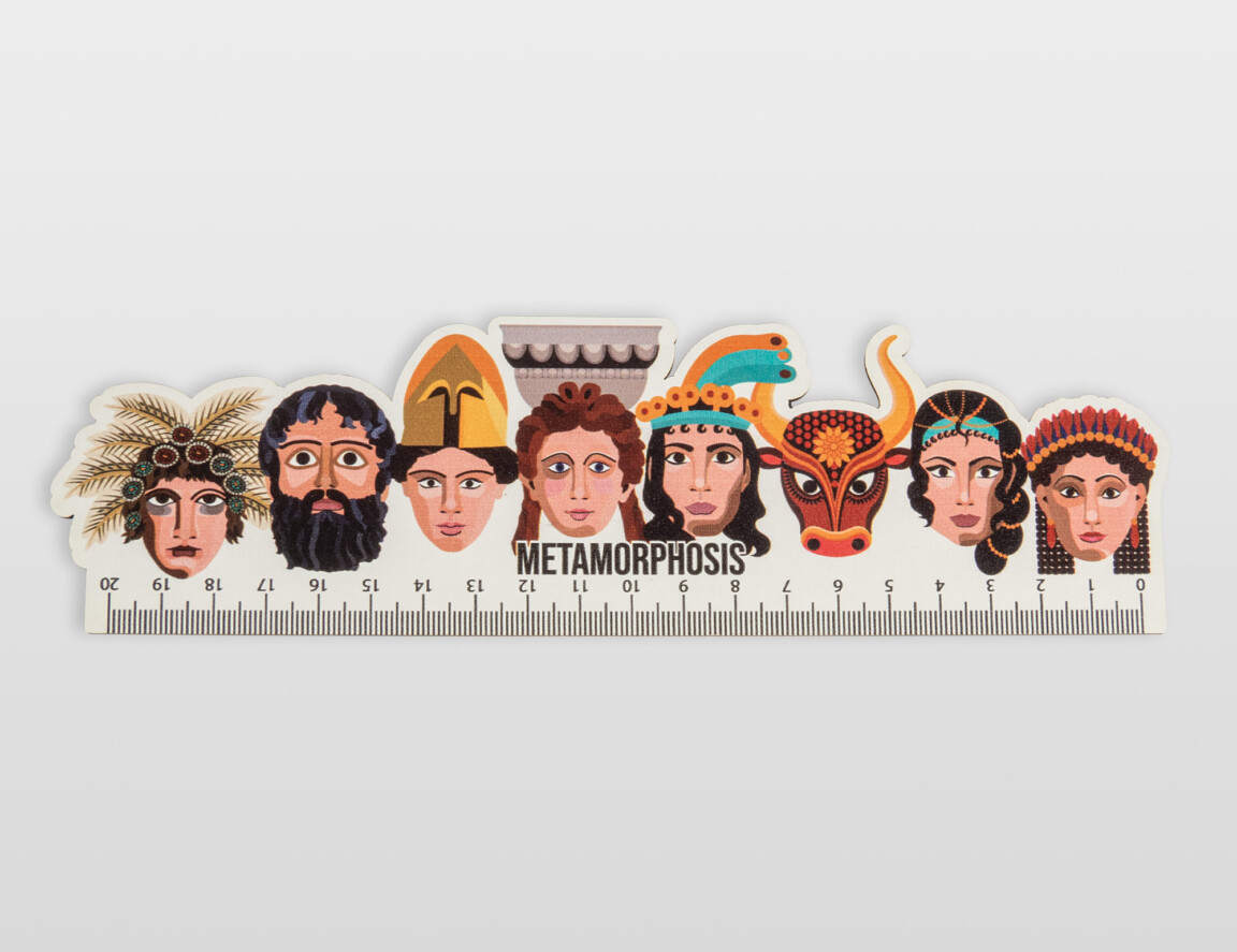 Illustrated mythical characters on a ruler.