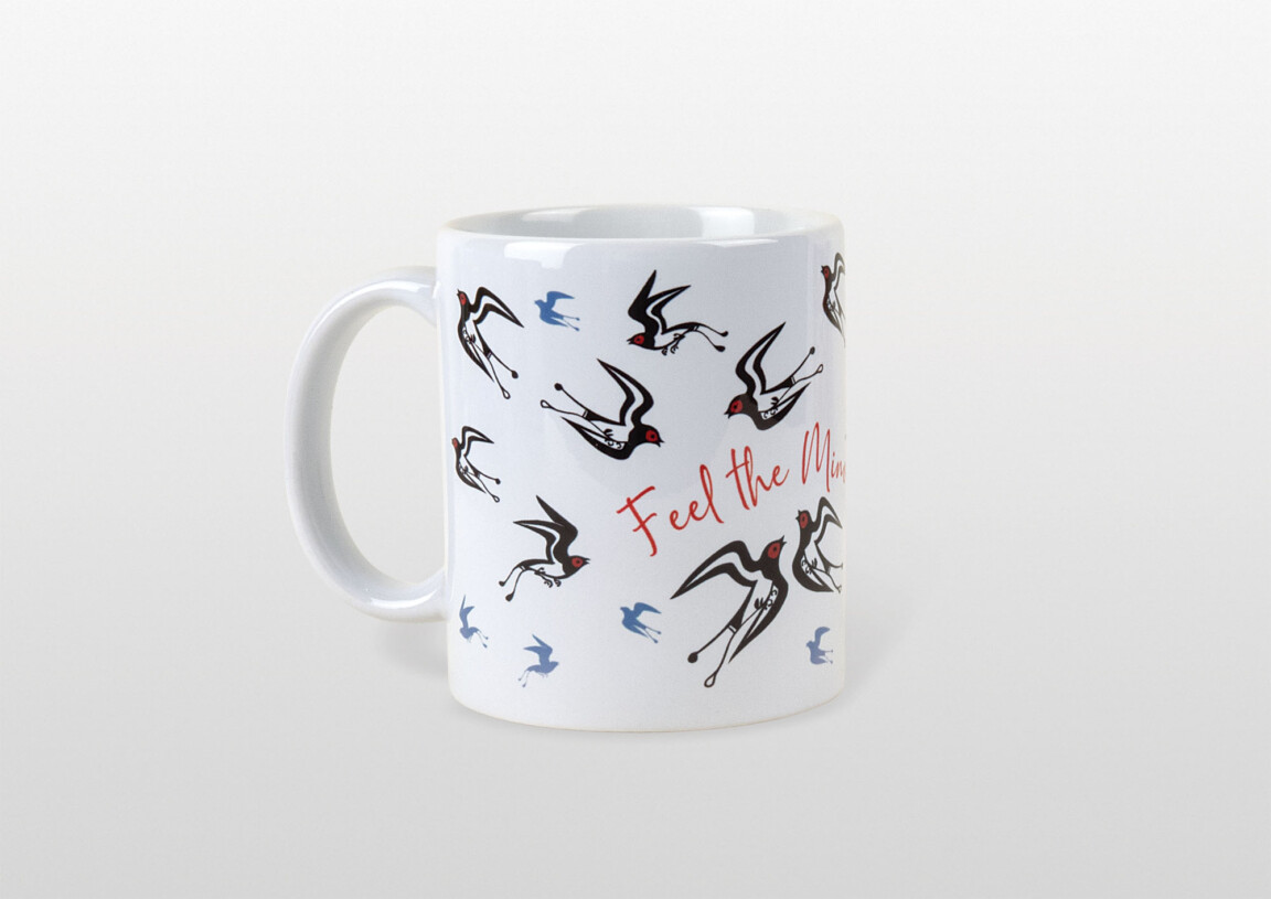Swallow bird pattern mug with 'Feel the Mjölnir' text