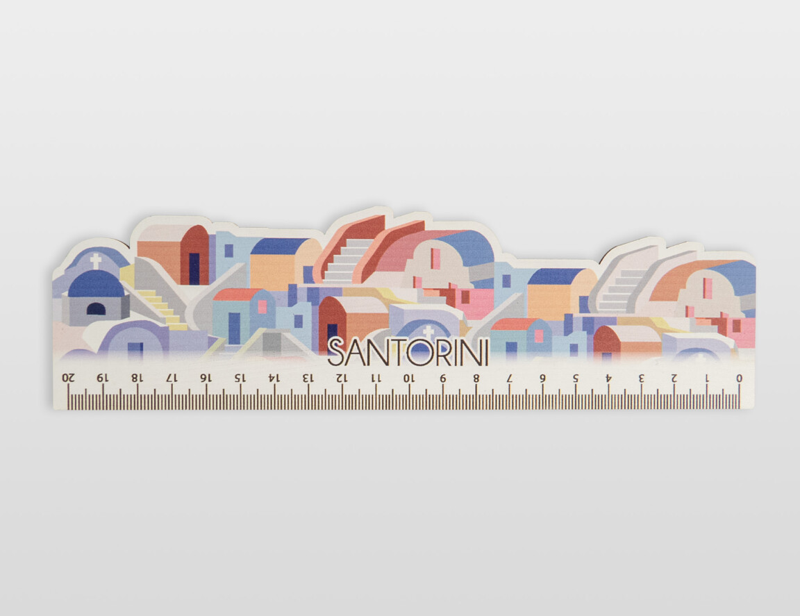 Santorini-themed souvenir ruler on white background