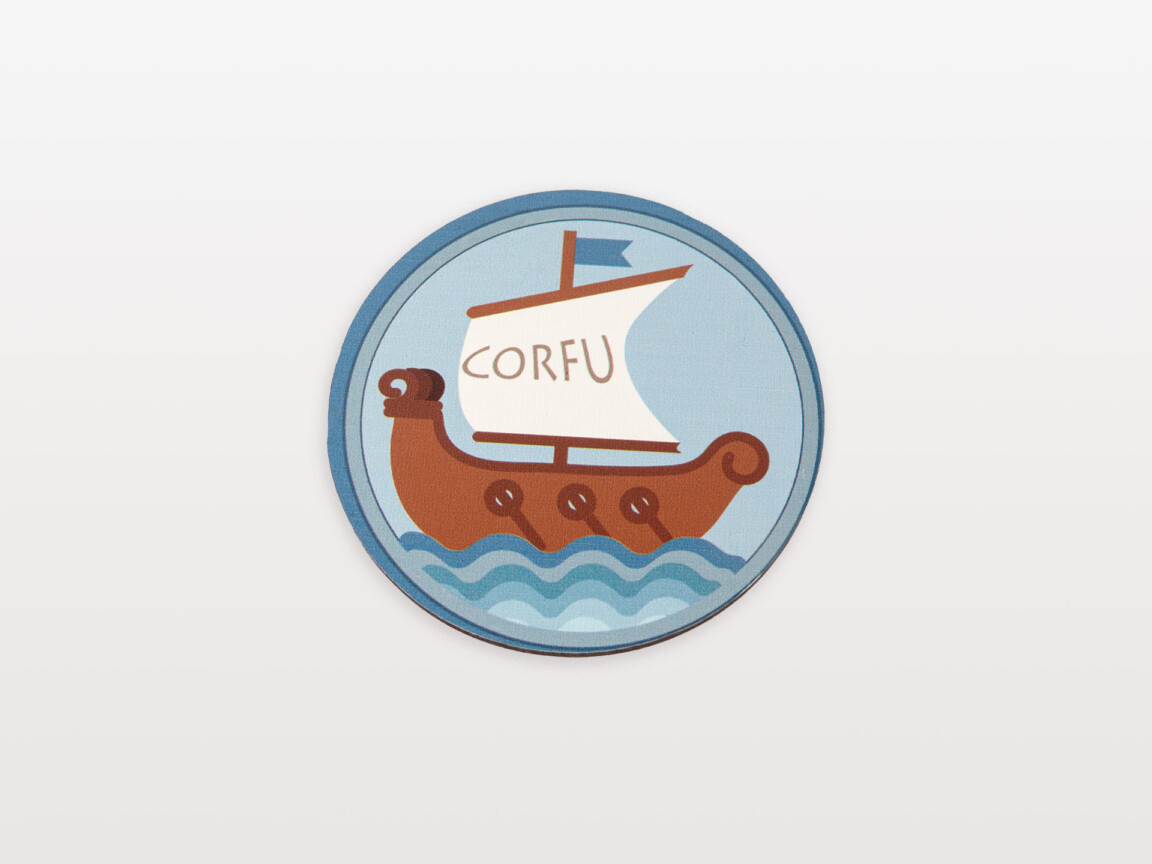 Corfu themed coaster with illustrated ship design.