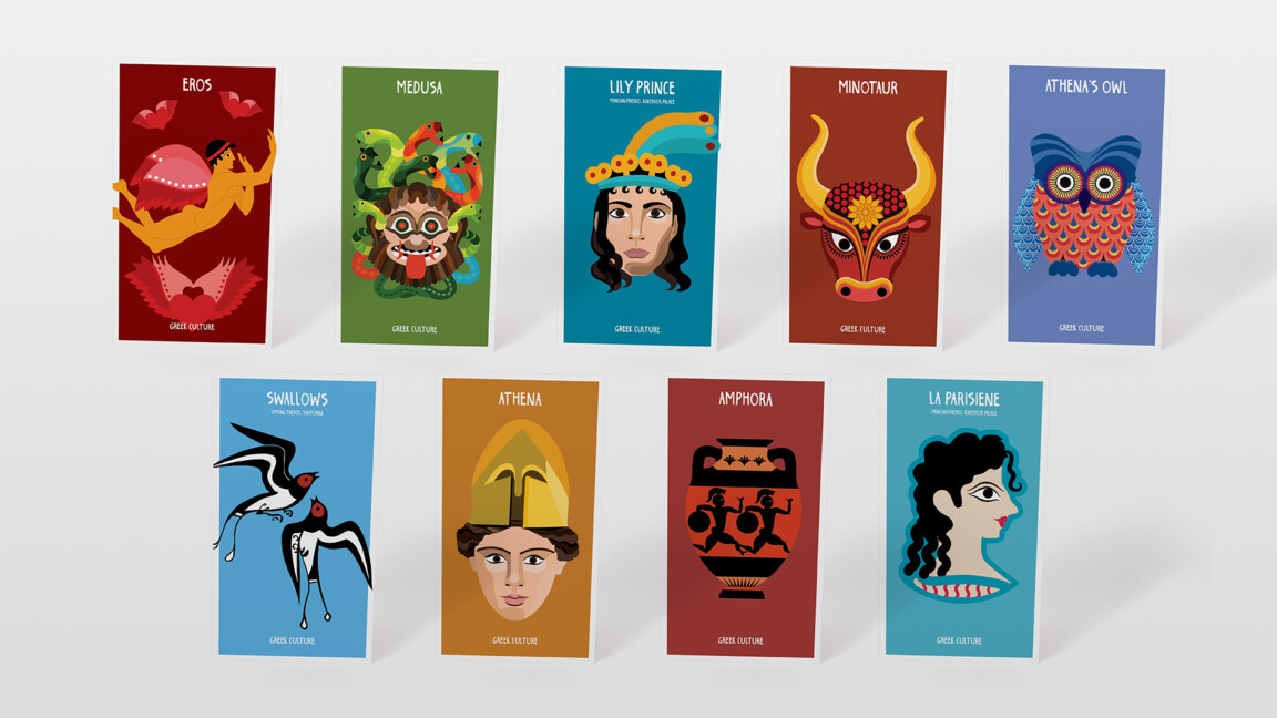 Collection of illustrated Greek mythology and culture posters.