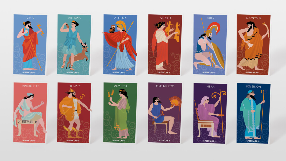 Illustrations of twelve Greek gods and goddesses.