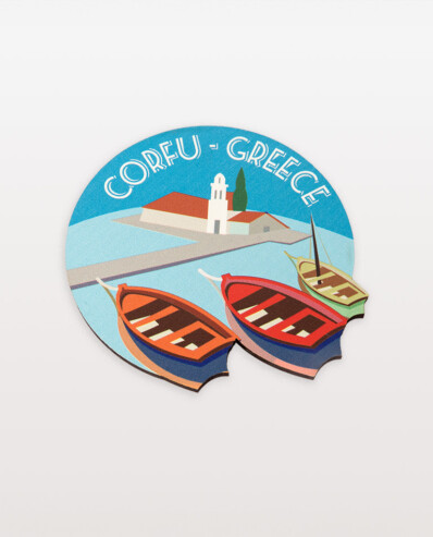 Corfu Greece travel souvenir magnet with boats and lighthouse.