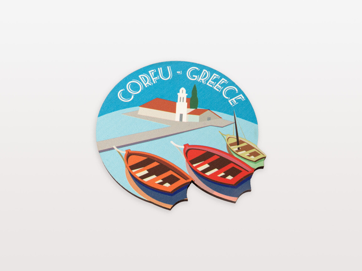 Corfu Greece souvenir coaster with boats and lighthouse design.