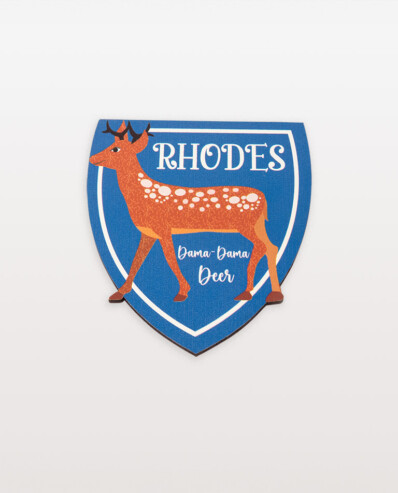 Rhodes deer illustrated badge with text.