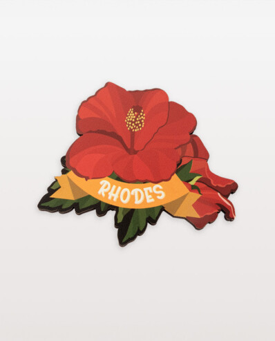 Red hibiscus flower with "RHODES" text patch.