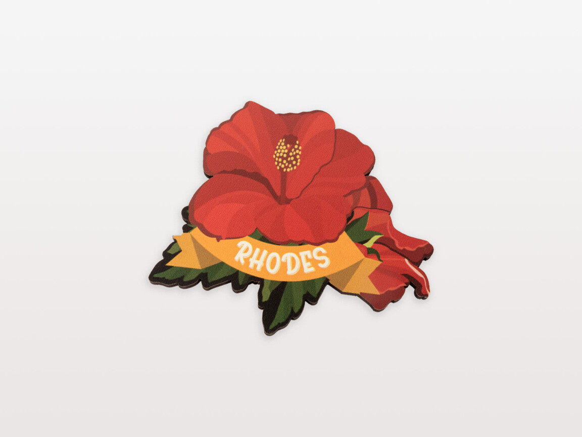 Red hibiscus flower sticker with "RHODES" text.