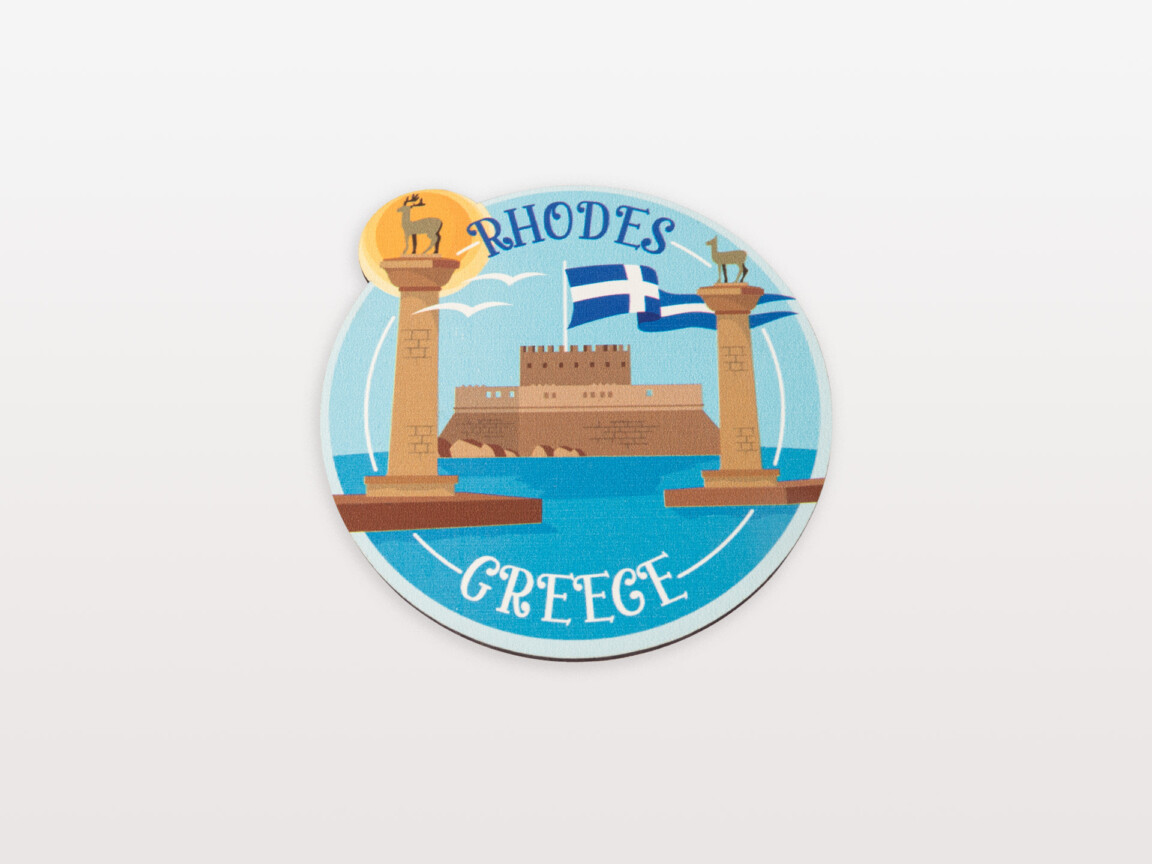 Rhodes, Greece souvenir magnet with landmarks.